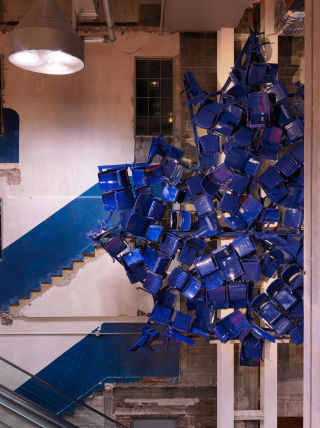A wonderful maple leaf sculpture adorns the entrance, constructed from the blue chairs that once filled the stadium.