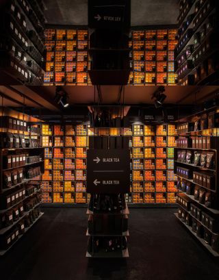 The gloriously dark and seductive tea library forms the spine of the store