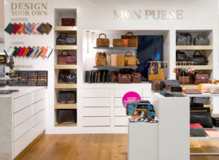 Leather and material samples add tactility to the experience as customers design their own bags and accessories on iPads at Mon Purse's concessions in Selfridges, London and Manchester. 