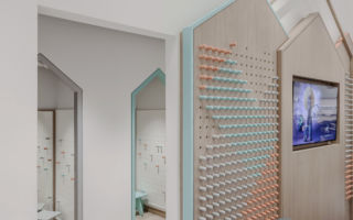 A 'house' silhouette provides the signature for ABC's kids' department in their Beruit department store. The pegboard detailing which carries through from the cash-wrap to the fitting rooms is beautifully and thoughtfully executed
