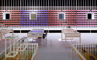 Rainbow display of glasses makes a refreshing change from the sea of backlit product we usually encounter - Eye Candy