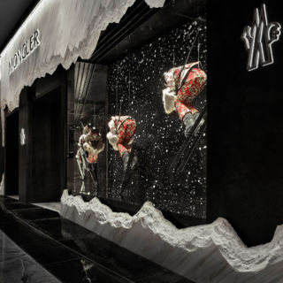 Moncler's windows depict an ice crevice, exquisitely carved they reflect the mountaineering heritage of the Franco-Italian brand. 