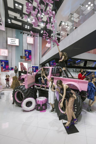 A monster truck installation makes for an eye-catching entrance.