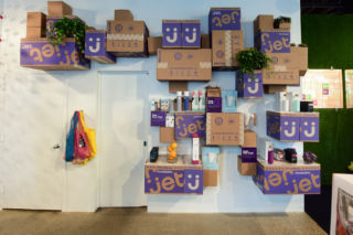 A feature wall incorporates Jet.com’s packaging and products. 