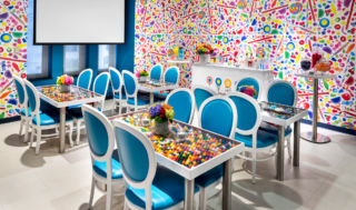 Gloriously colourful and irresistible gobstopper tables in the party room at Dylan's Candy Bar in Chicago, just how a sweet shop should be