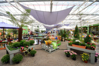 A huge nursery area features plants and garden tools.