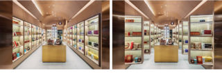 Perimeter shelving opens to reveal 'secret' storage behind, in CheongKwanJang's health and beauty store in Korea