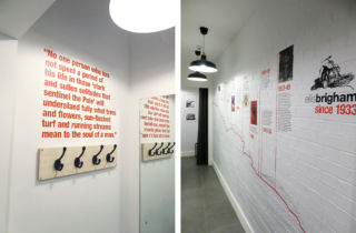Fitting room messaging and time-line graphics in Ellis Brigham's stores. The longer form messaging is appropriate to the brand's adveturesome customers