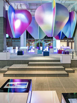 Colourful balloons form a centrepiece.