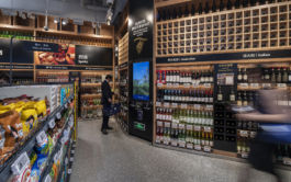 A distinctive display attracts attention to Aldi's wine and spirits selection.
