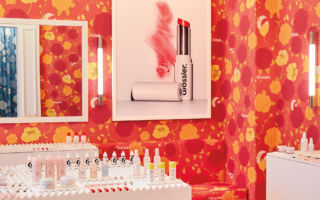The space is pepped up with large-scale, pop art style photos of Glossier’s best loved products.