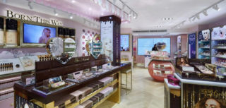 Unapologetic OTT glamour. Too Faced's store juxtaposes pastel pink femininity with a healthy dose of attitude. From Chocolate Palette to Sweet Peach the fixtures overtly signpost the individual collections in-store.