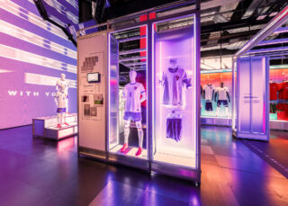 A wonderful example of storytelling through spatial design and experience. This was for the Euro 2024 football kit at Nike House of Innovation in Paris. Photo by TDM Space